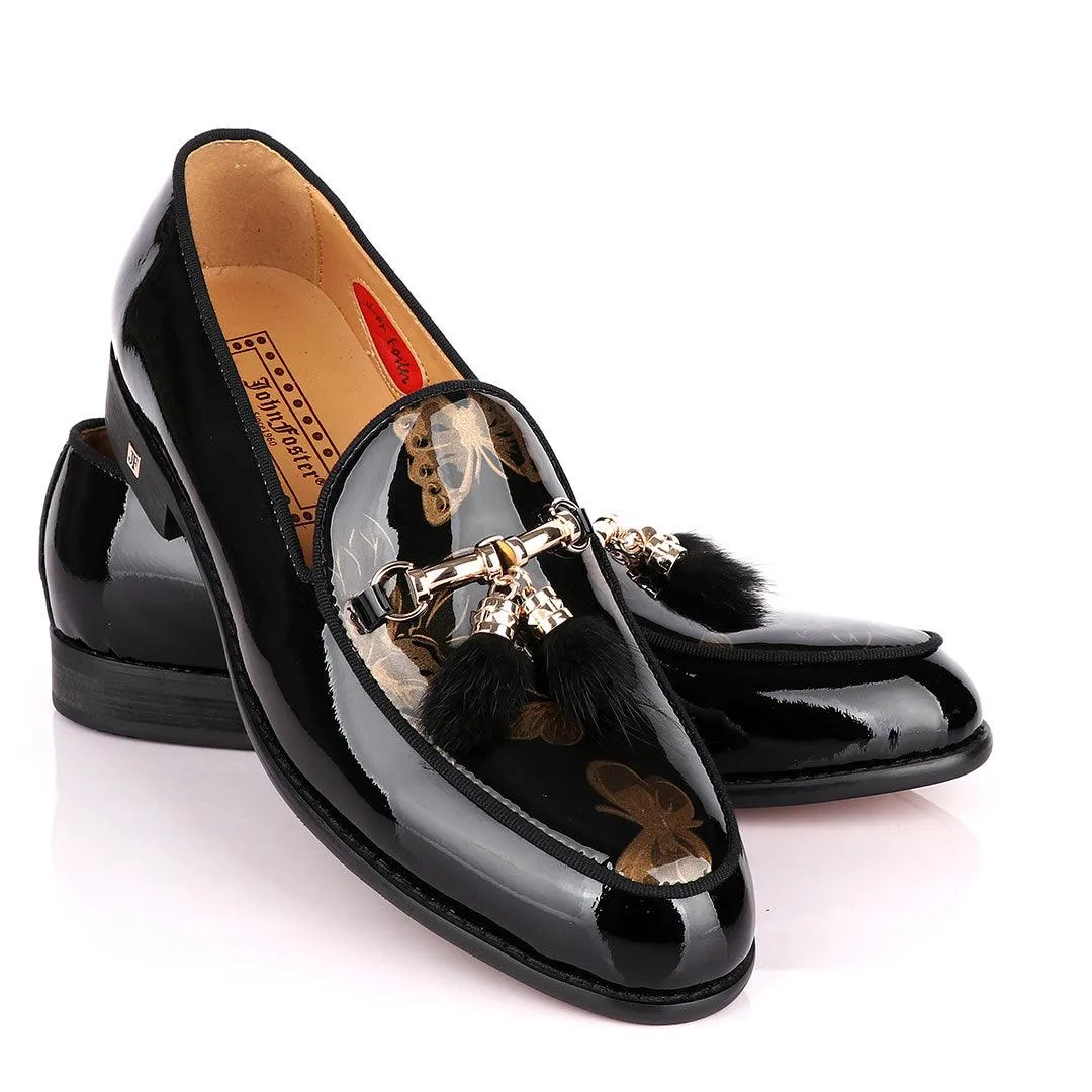 John Foster Classic wetlips Tassels Gold Chain Black Loafers Shoe