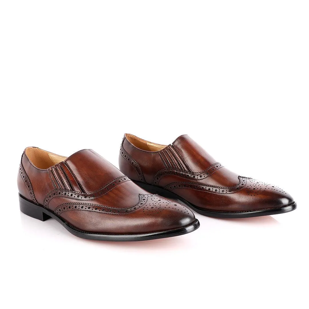 John Foster Coffee Slip On Brogue Shoe