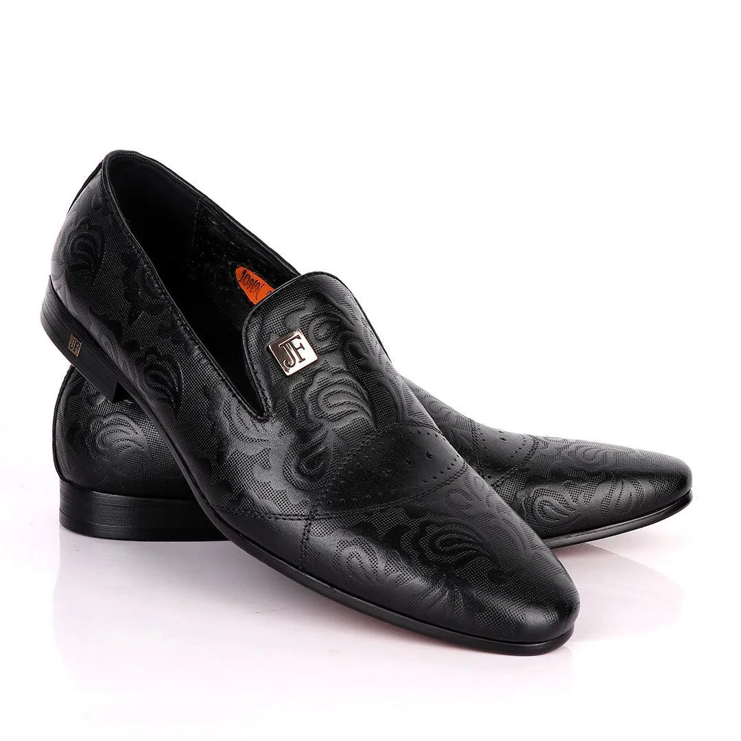 John Foster Full Flower  Designed Leather Shoe-Black