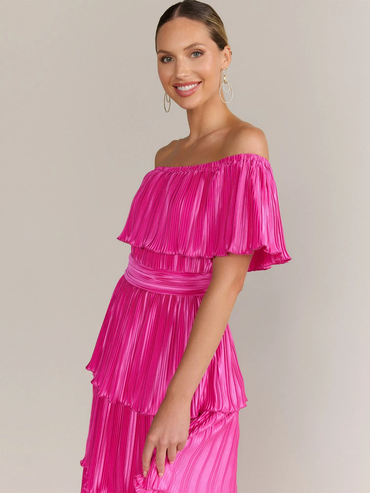 Lena Off Shoulder Pleated Plisse Midi Dress - Brands We Love