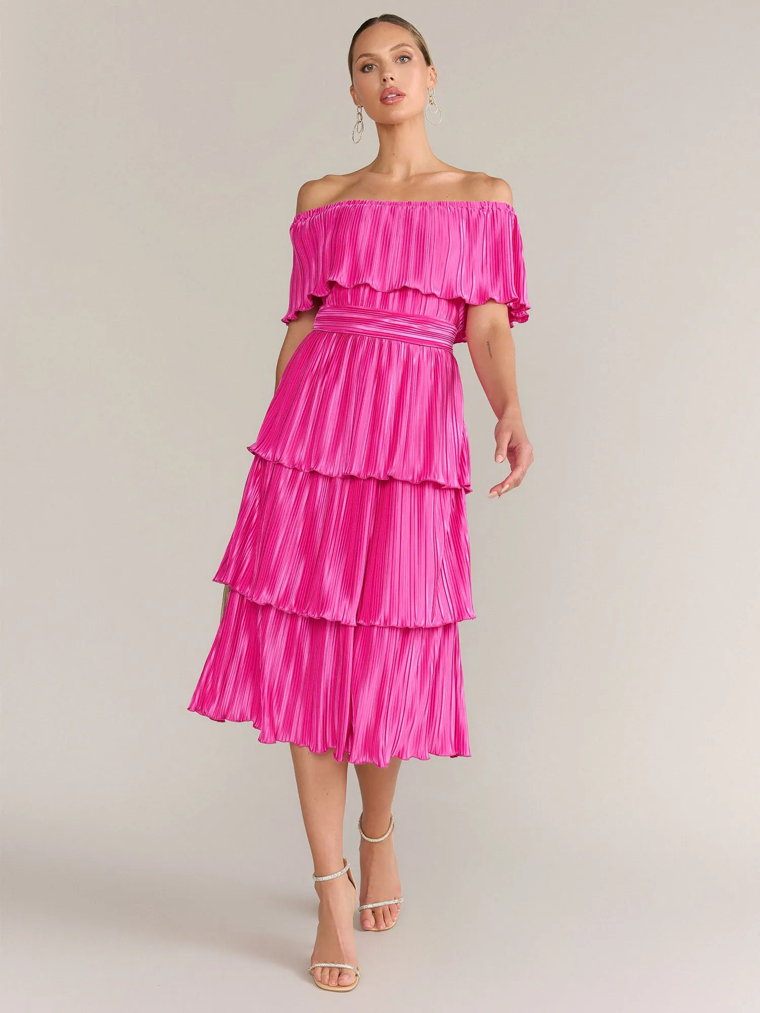 Lena Off Shoulder Pleated Plisse Midi Dress - Brands We Love