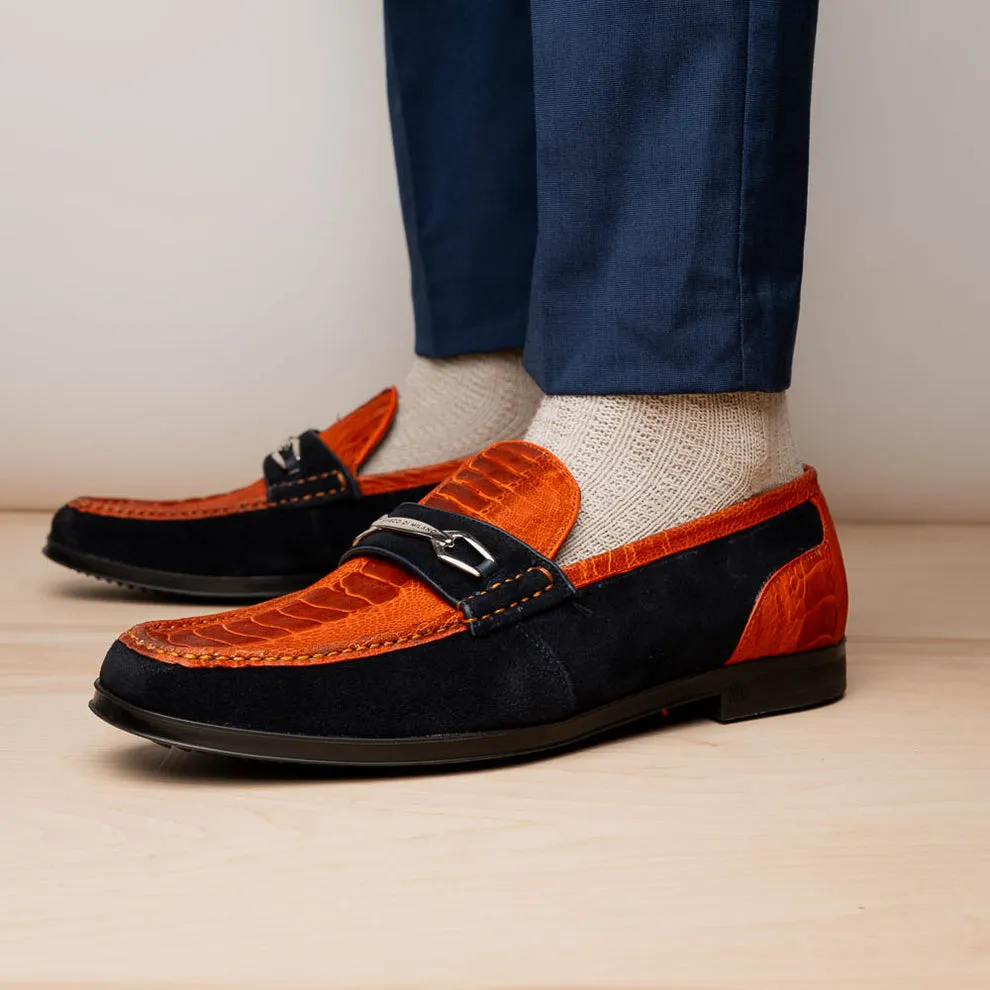 Marco Di Milano Hugo Men's Shoes Orange & Navy Suede / Ostrich Leg Horsebit Loafers (MDM1058)