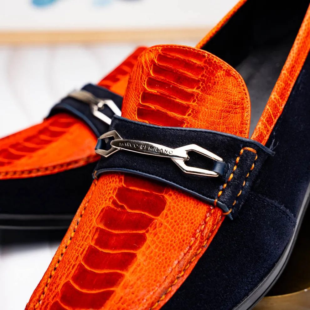 Marco Di Milano Hugo Men's Shoes Orange & Navy Suede / Ostrich Leg Horsebit Loafers (MDM1058)