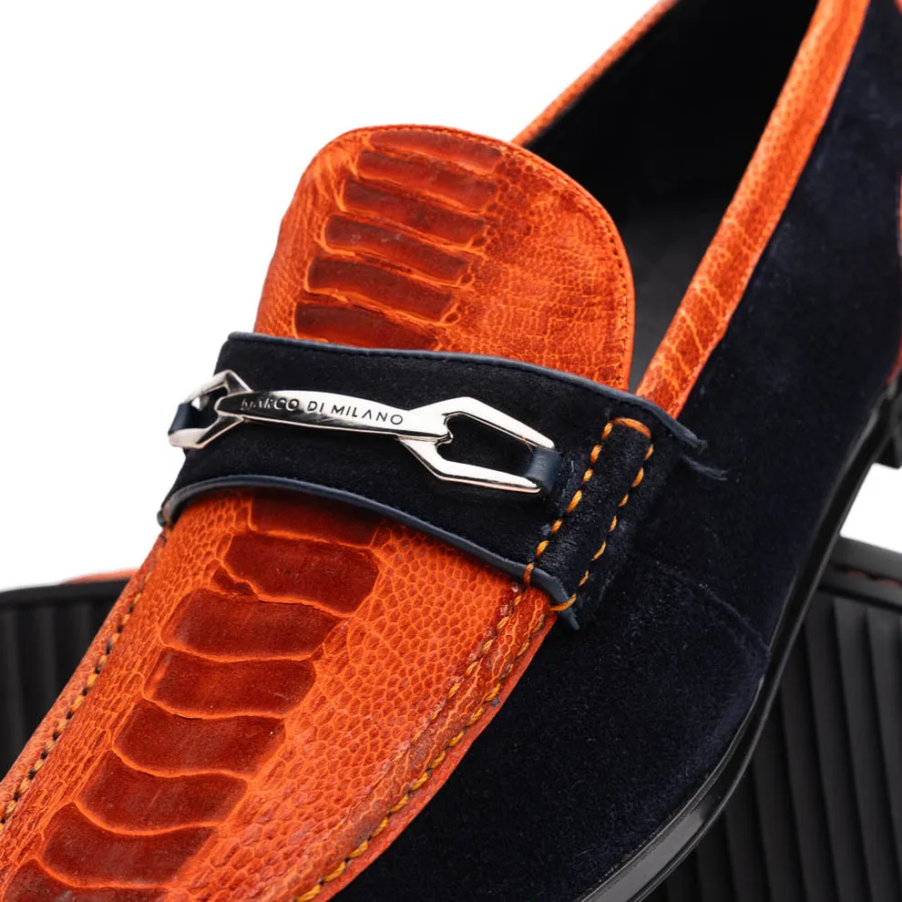 Marco Di Milano Hugo Men's Shoes Orange & Navy Suede / Ostrich Leg Horsebit Loafers (MDM1058)