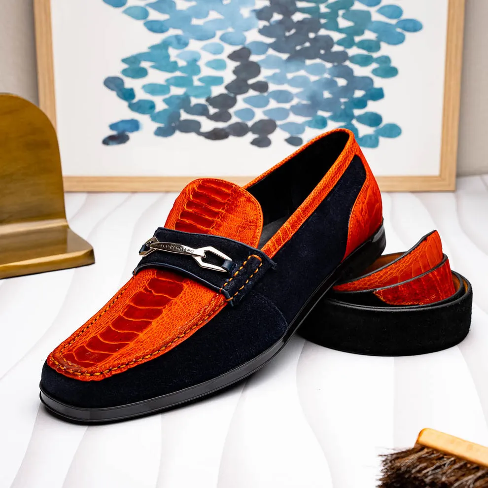 Marco Di Milano Hugo Men's Shoes Orange & Navy Suede / Ostrich Leg Horsebit Loafers (MDM1058)