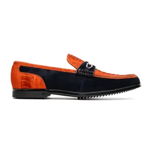 Marco Di Milano Hugo Men's Shoes Orange & Navy Suede / Ostrich Leg Horsebit Loafers (MDM1058)