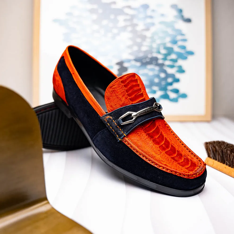 Marco Di Milano Hugo Men's Shoes Orange & Navy Suede / Ostrich Leg Horsebit Loafers (MDM1058)