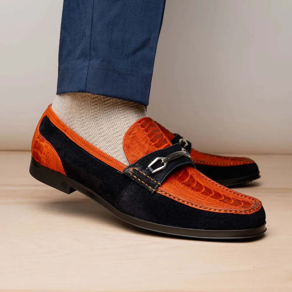 Marco Di Milano Hugo Men's Shoes Orange & Navy Suede / Ostrich Leg Horsebit Loafers (MDM1058)