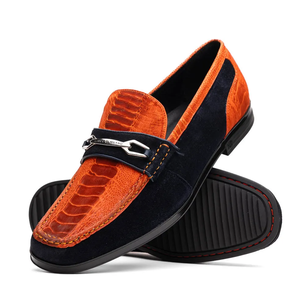 Marco Di Milano Hugo Men's Shoes Orange & Navy Suede / Ostrich Leg Horsebit Loafers (MDM1058)