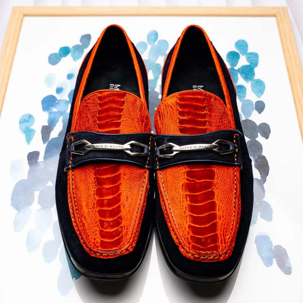 Marco Di Milano Hugo Men's Shoes Orange & Navy Suede / Ostrich Leg Horsebit Loafers (MDM1058)