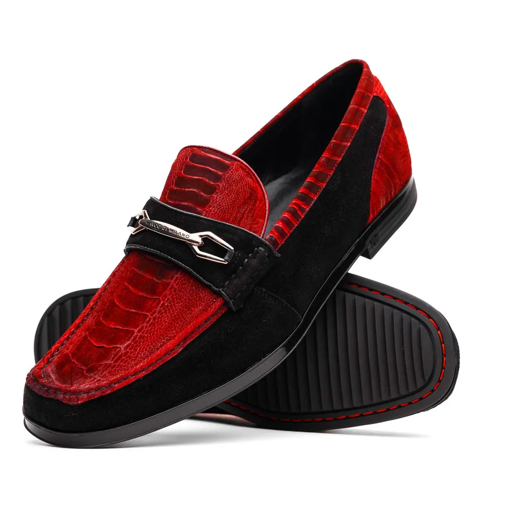 Marco Di Milano Hugo Men's Shoes Red & Black Suede / Ostrich Leg Horsebit Loafers (MDM1057)