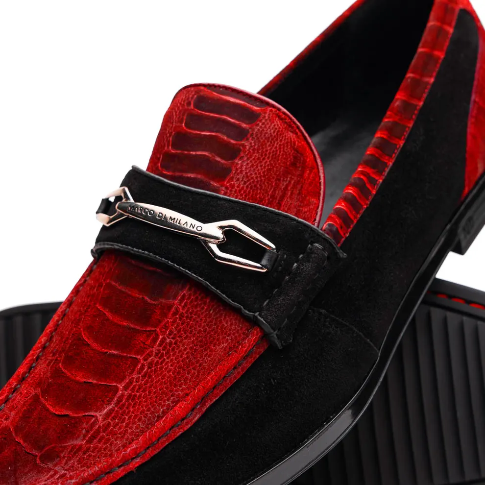 Marco Di Milano Hugo Men's Shoes Red & Black Suede / Ostrich Leg Horsebit Loafers (MDM1057)