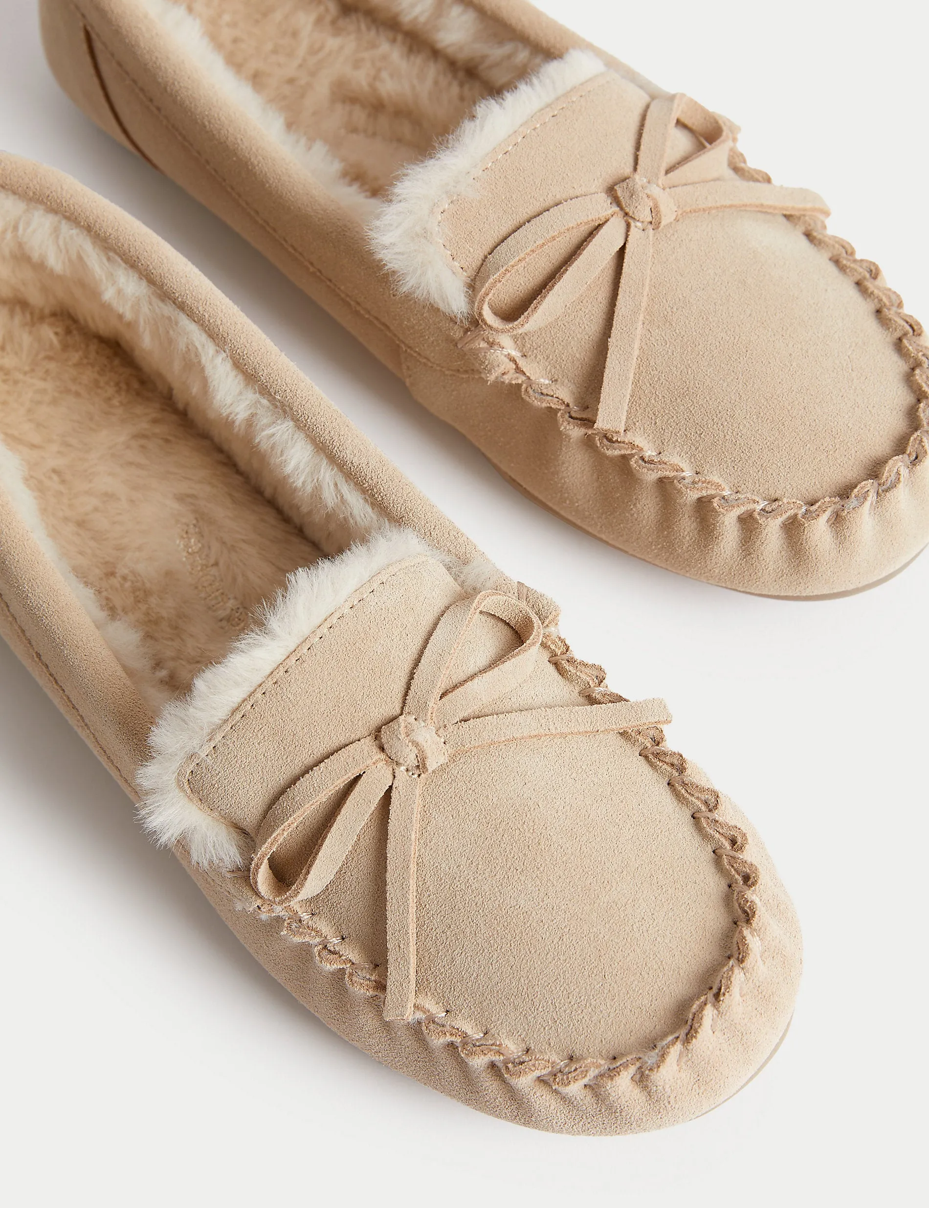 Marks & Spencer Suede Moccasin Slippers with Faux Fur Lining and Bow