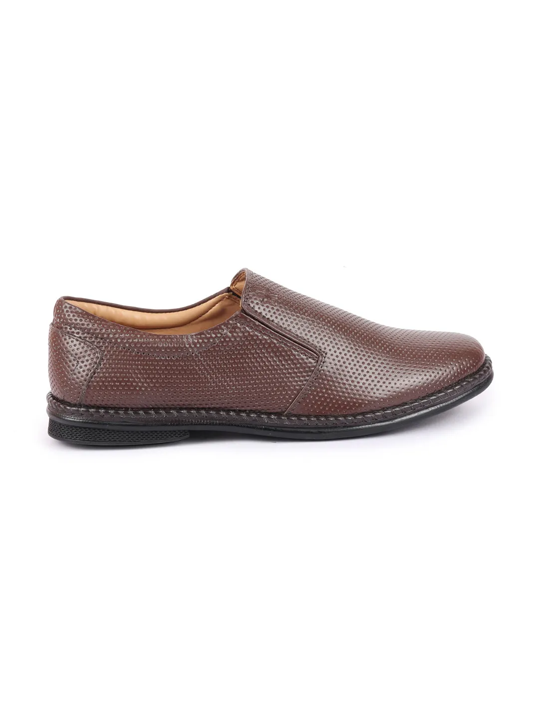 Men Brown Textured Formal/Office Broad Toe Leather Slip On Shoes