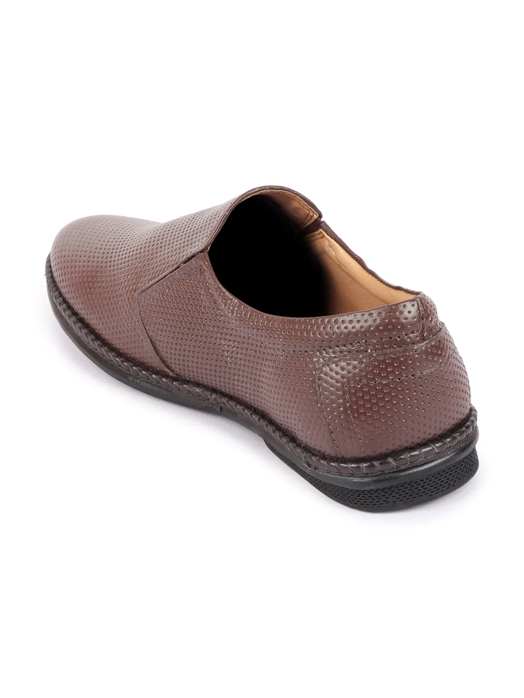 Men Brown Textured Formal/Office Broad Toe Leather Slip On Shoes