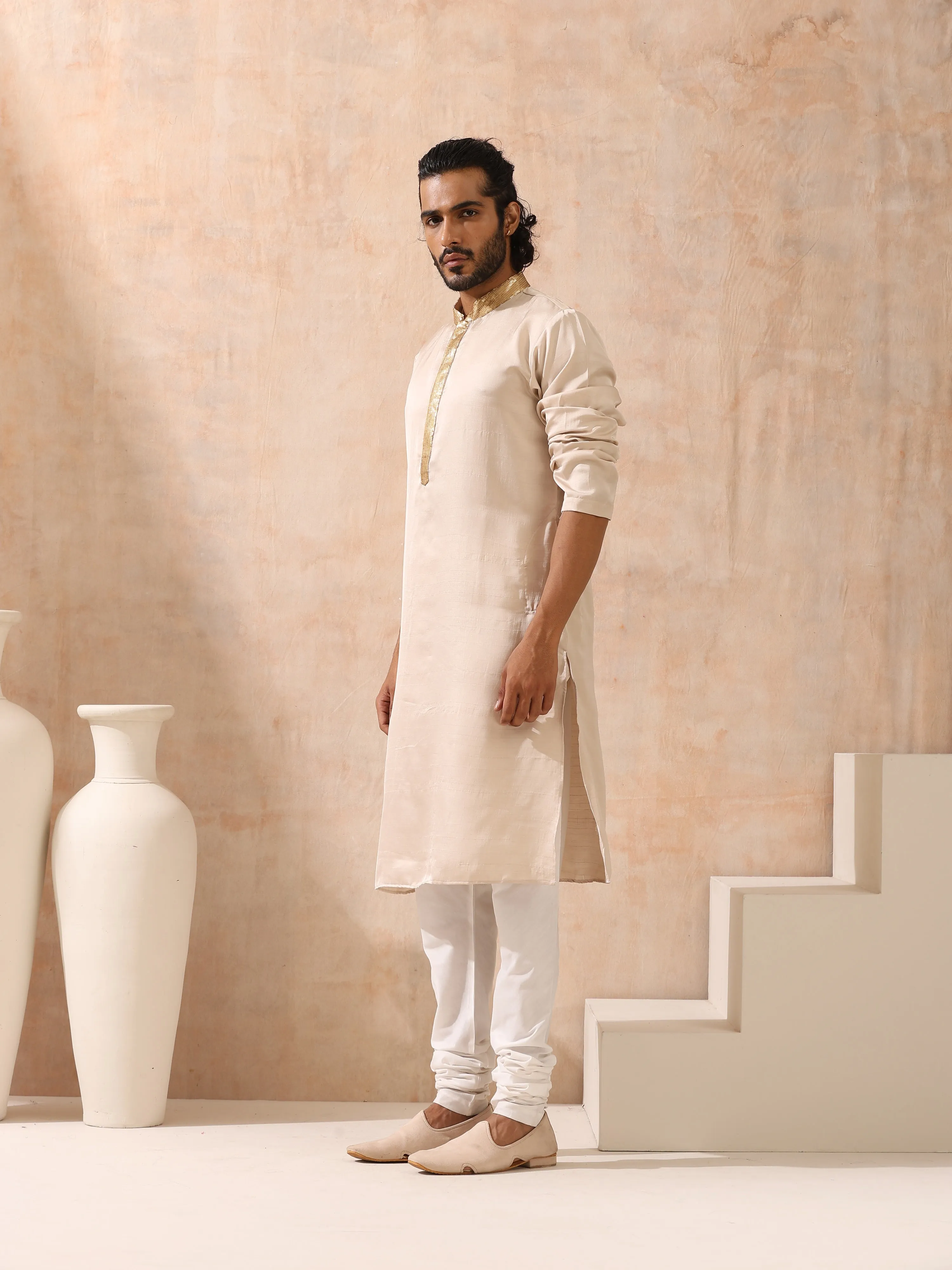 Mens Cream Kurta with Gold Sequin Placket and Collar