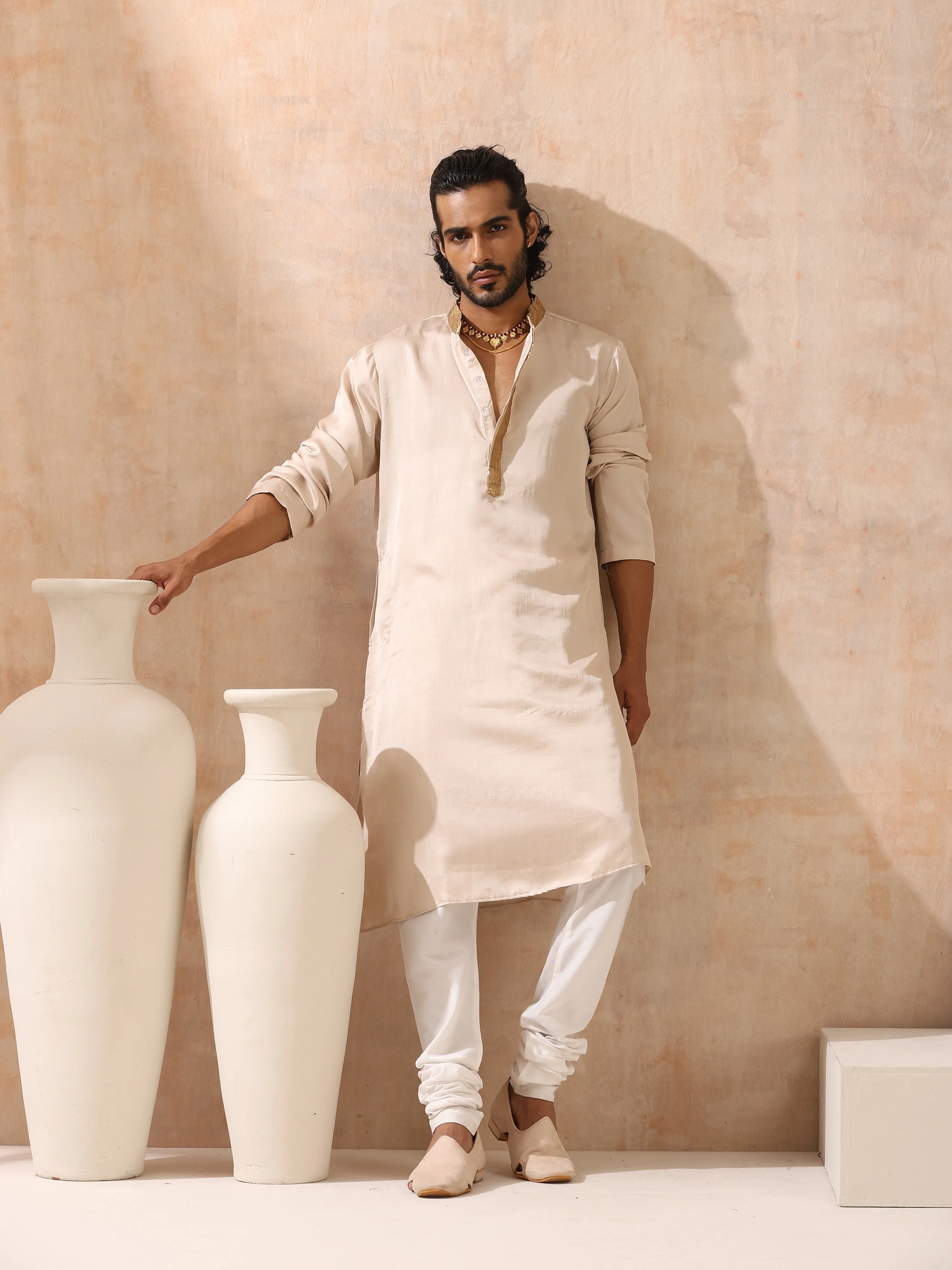 Mens Cream Kurta with Gold Sequin Placket and Collar