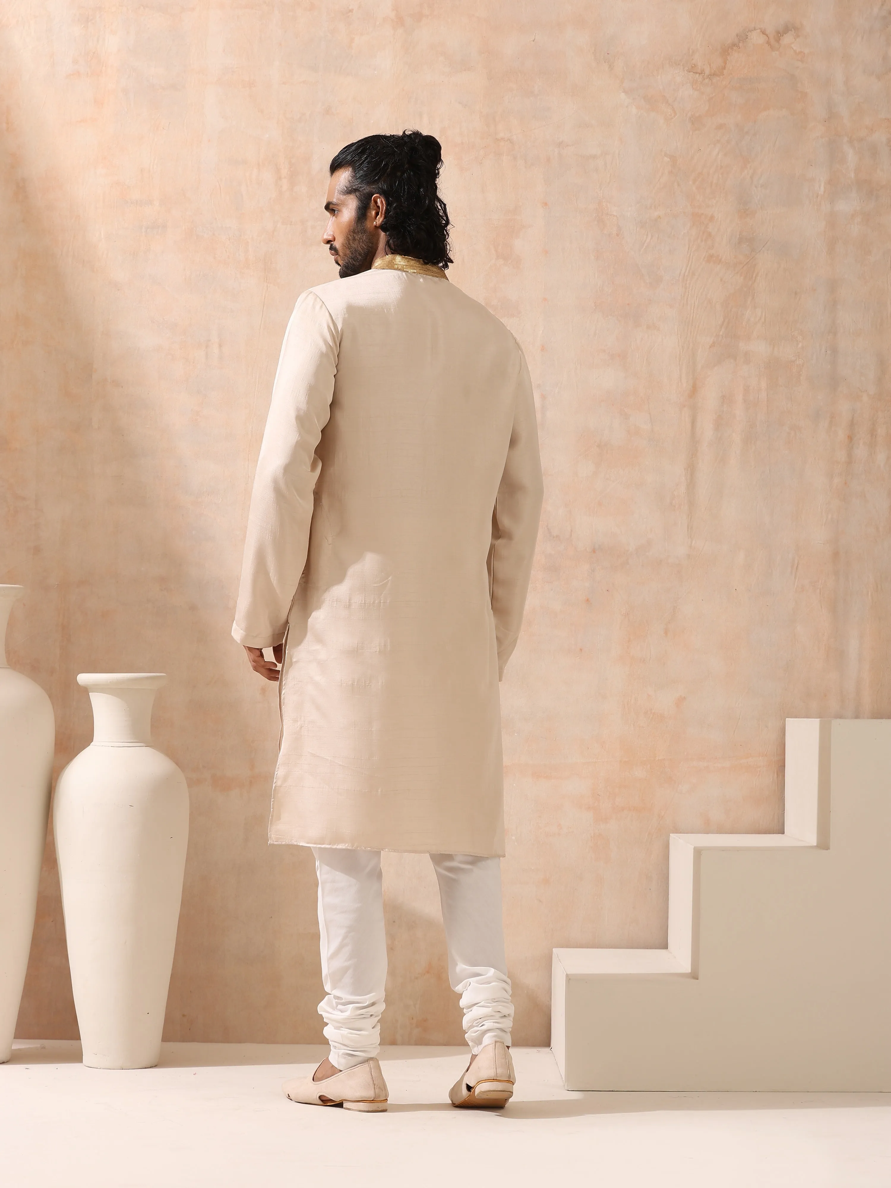 Mens Cream Kurta with Gold Sequin Placket and Collar