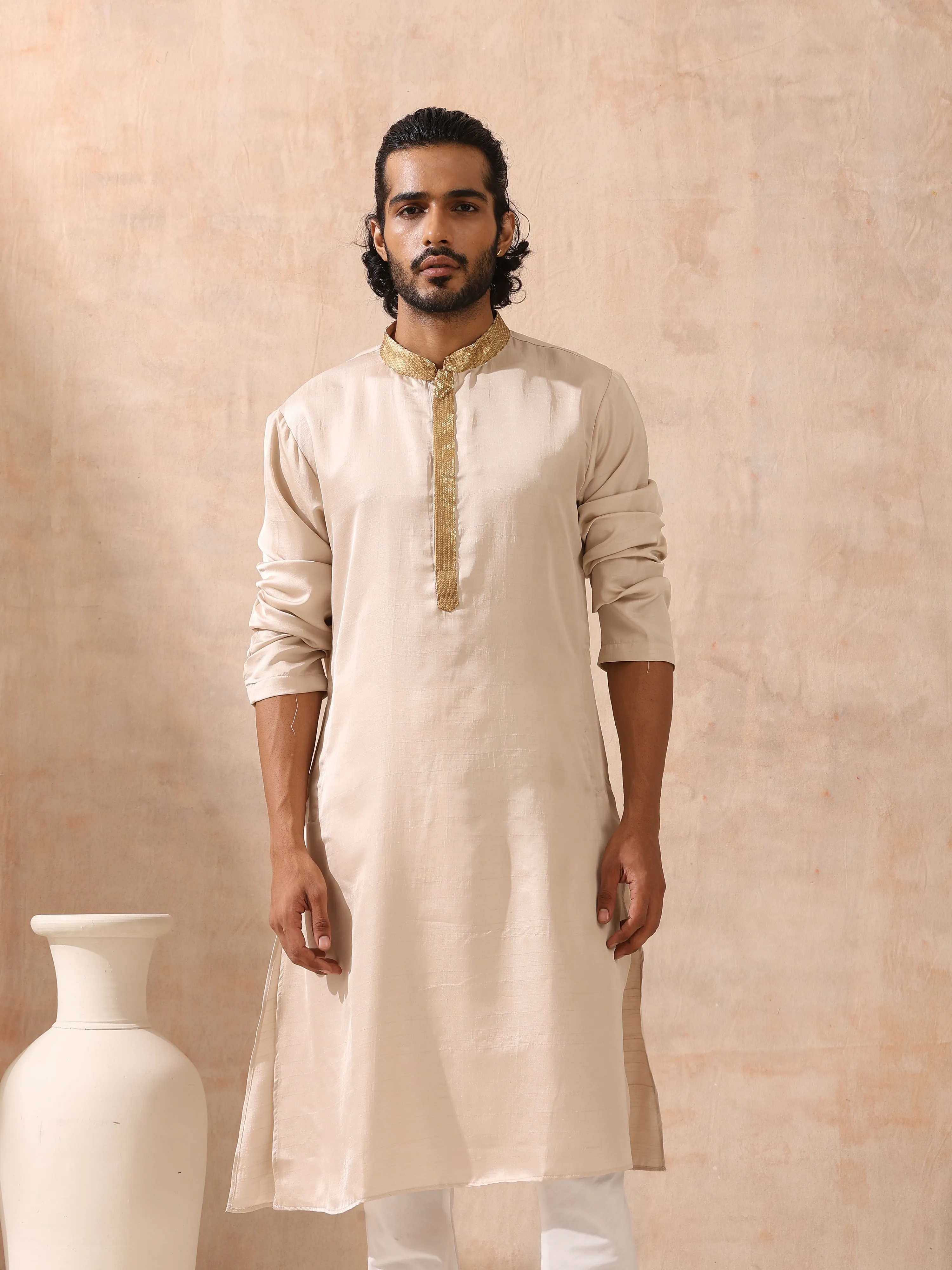 Mens Cream Kurta with Gold Sequin Placket and Collar