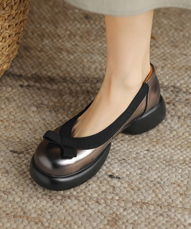 New Dark Grey Women Splicing Bow Platform Loafers For WT035