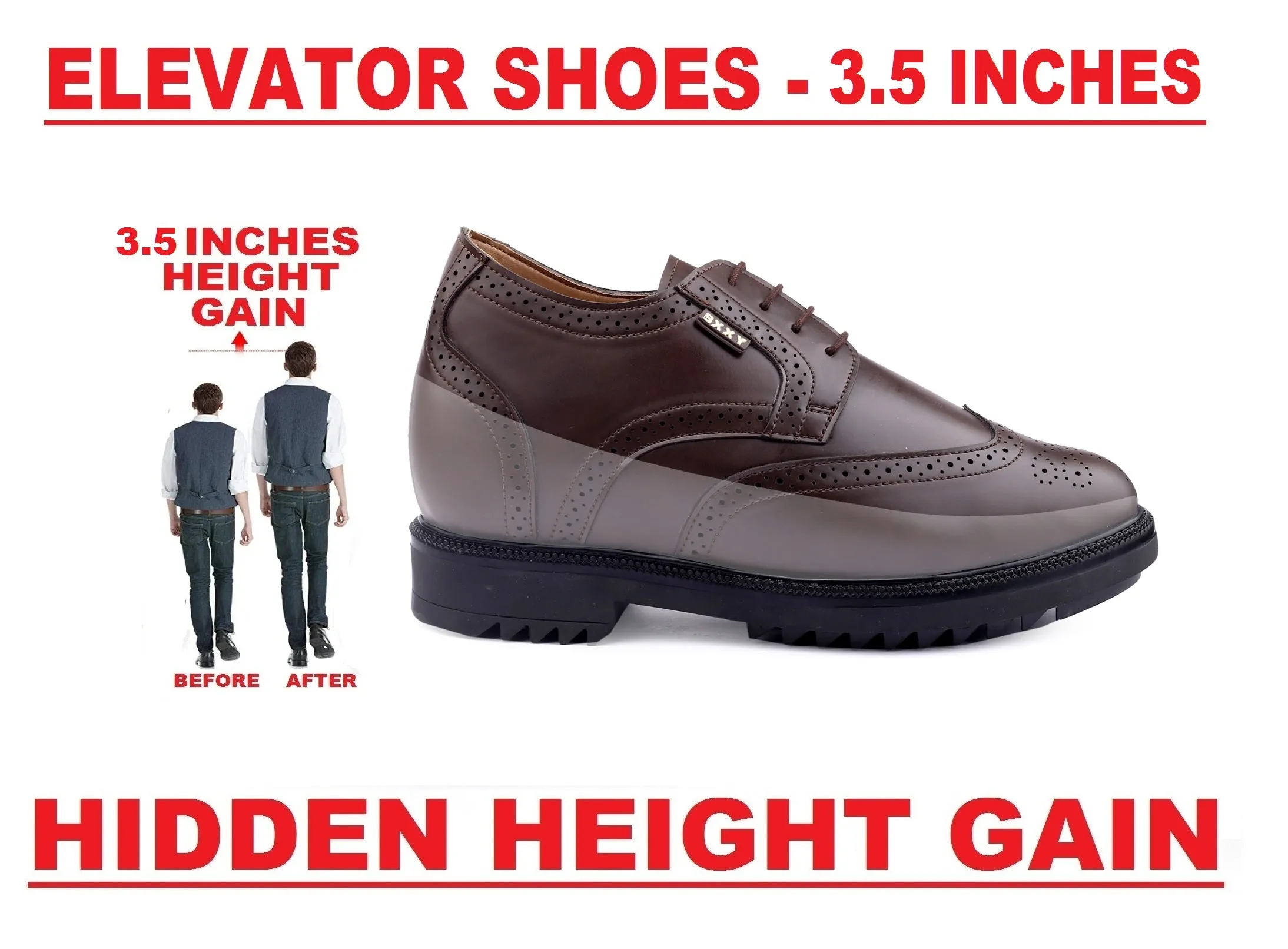 New Latest Men's 3.5 Inch Hidden Height Increasing Vegan Leather Brogue Shoes