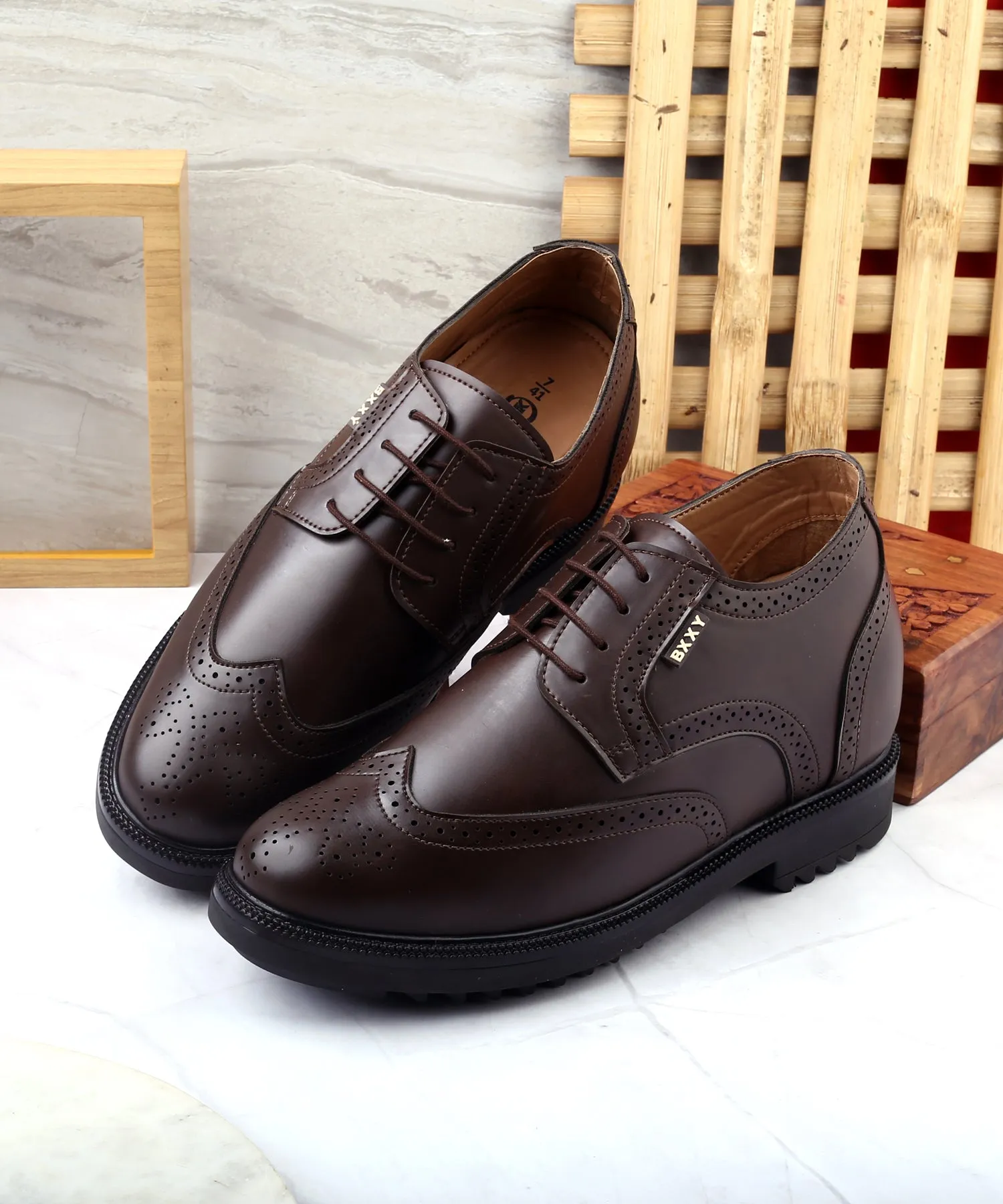 New Latest Men's 3.5 Inch Hidden Height Increasing Vegan Leather Brogue Shoes