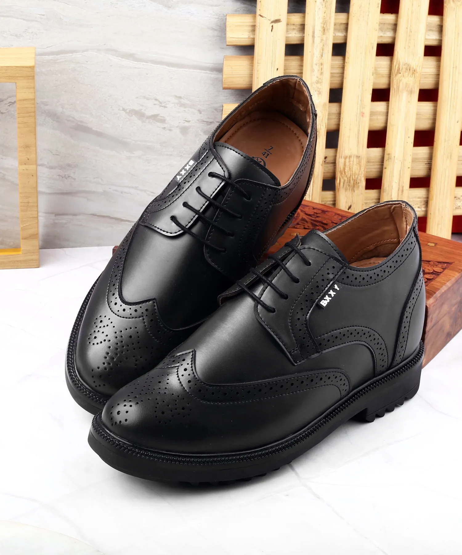 New Latest Men's 3.5 Inch Hidden Height Increasing Vegan Leather Brogue Shoes