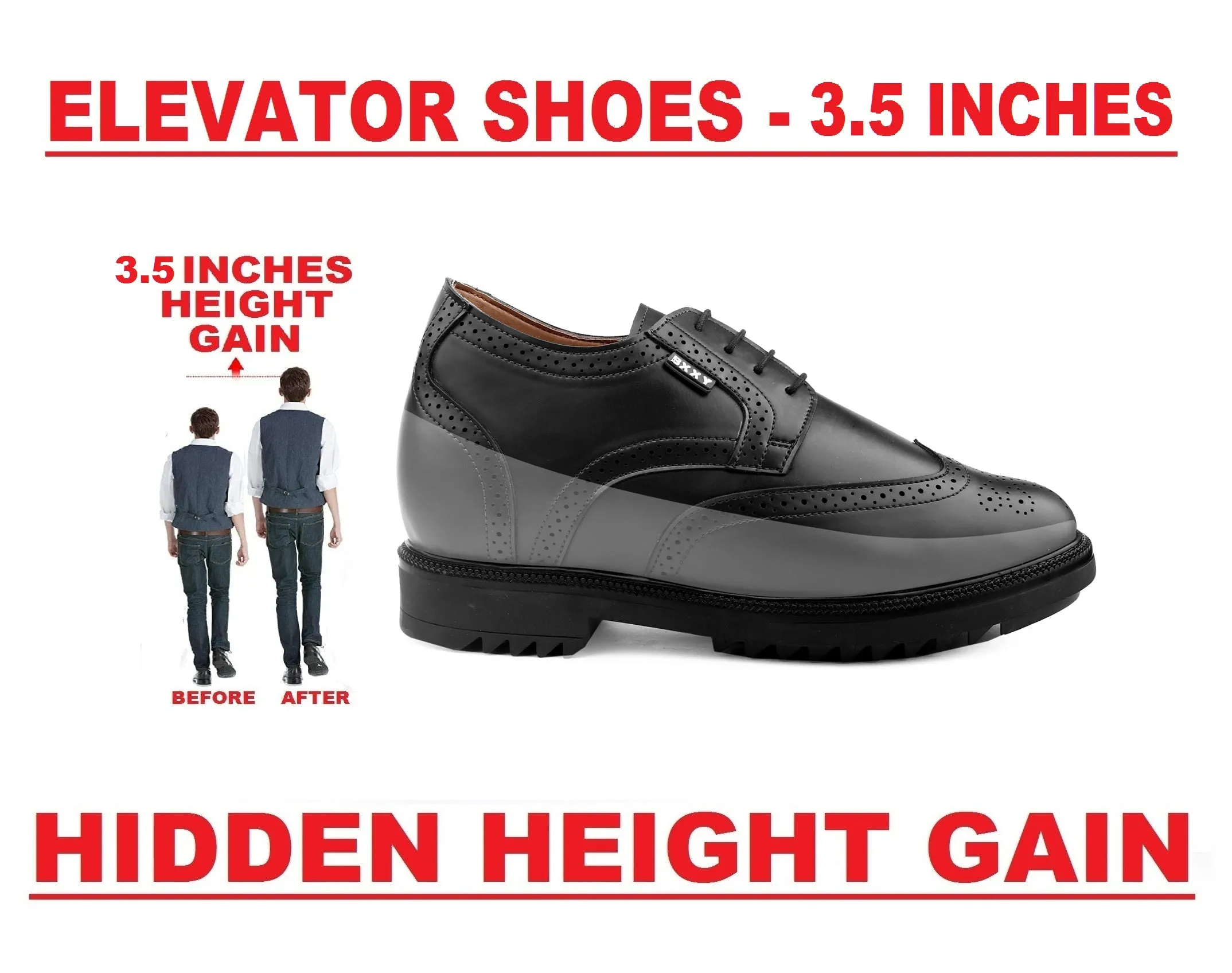 New Latest Men's 3.5 Inch Hidden Height Increasing Vegan Leather Brogue Shoes