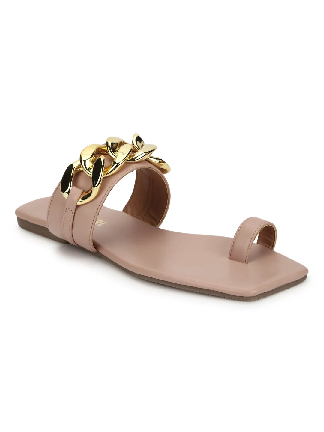 Nude PU Gold Chain Slip Ons