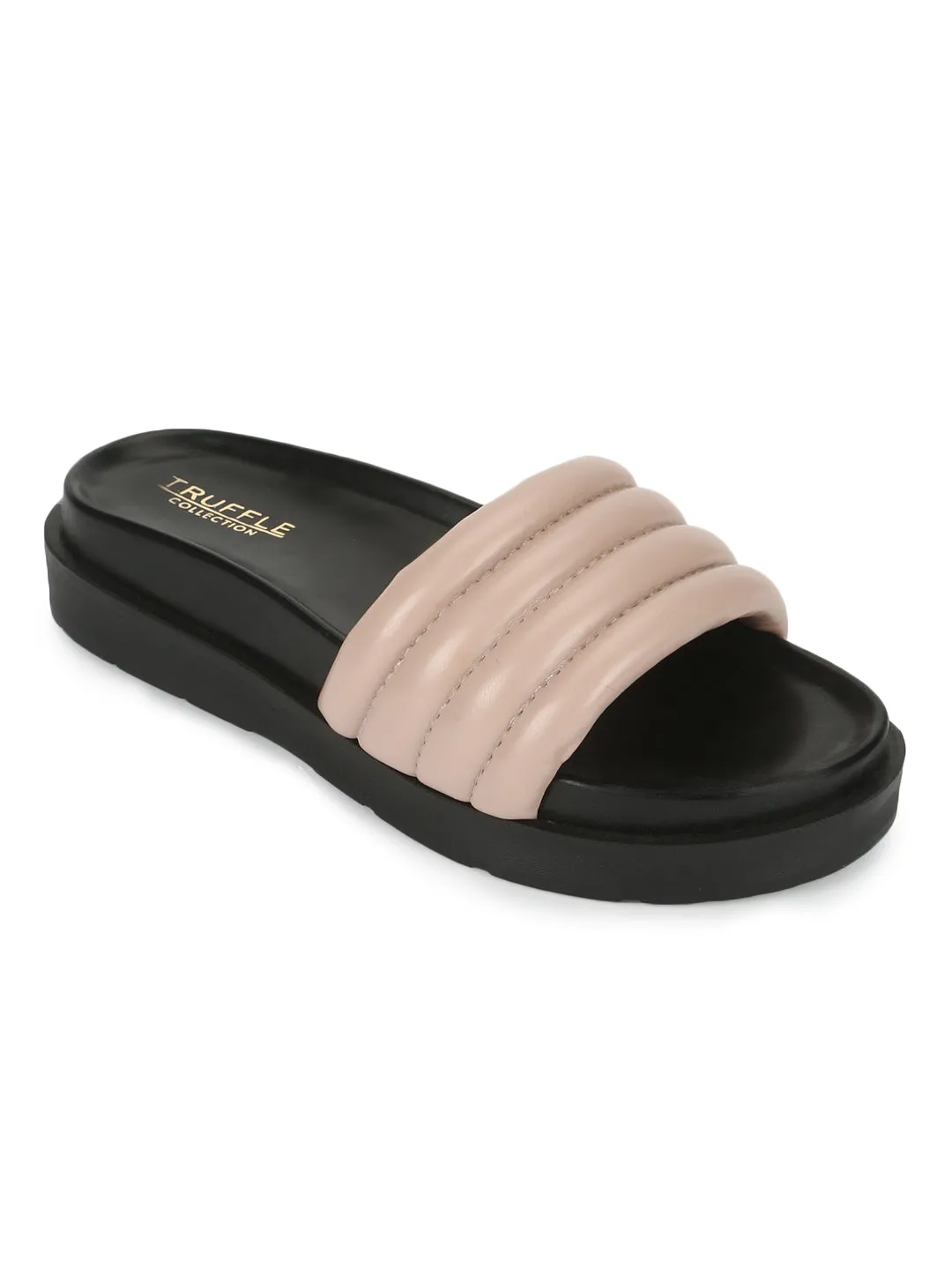 Nude PU Quilted Platform Slides