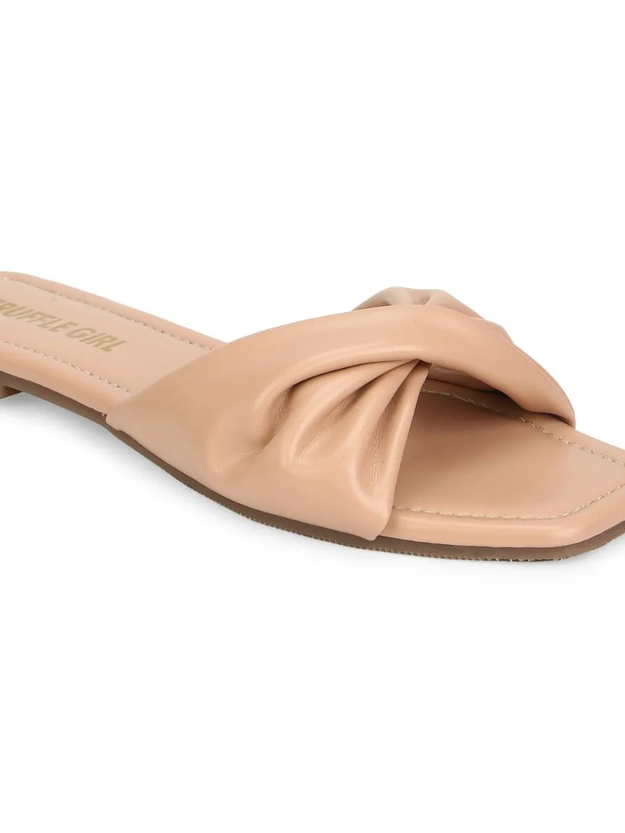 Nude PU Twisted Strap Slip Ons