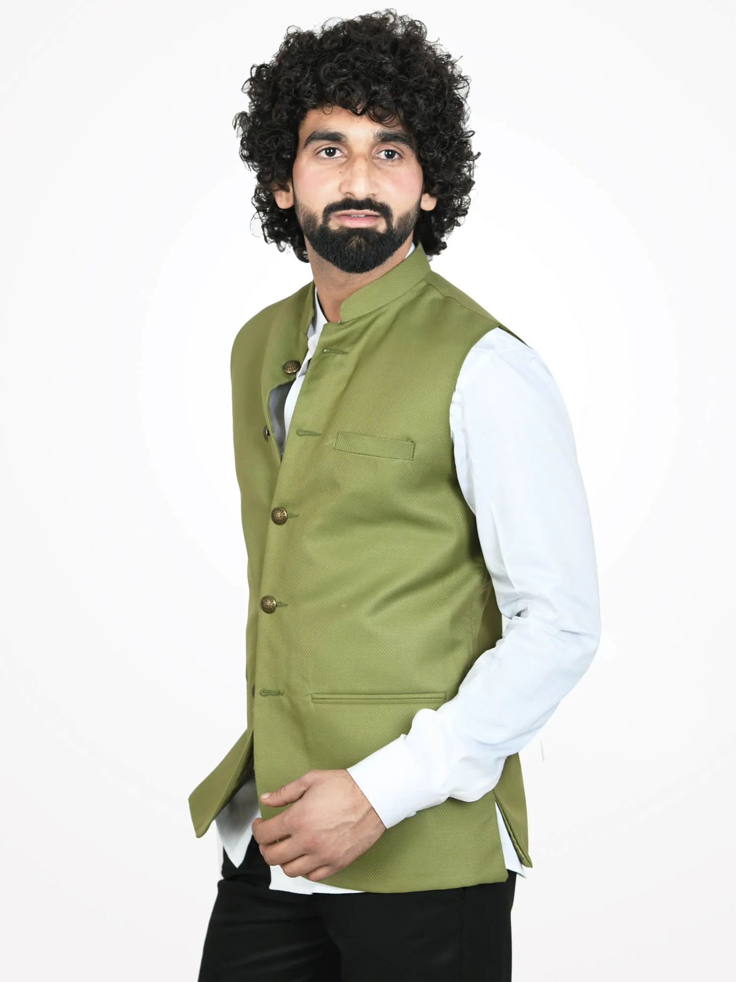 Olive Green Solid Modi Jacket