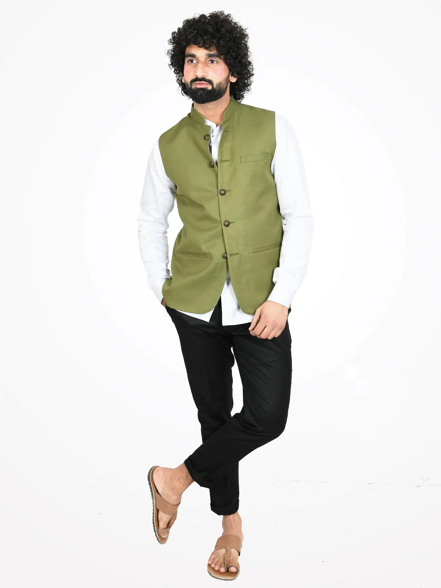 Olive Green Solid Modi Jacket