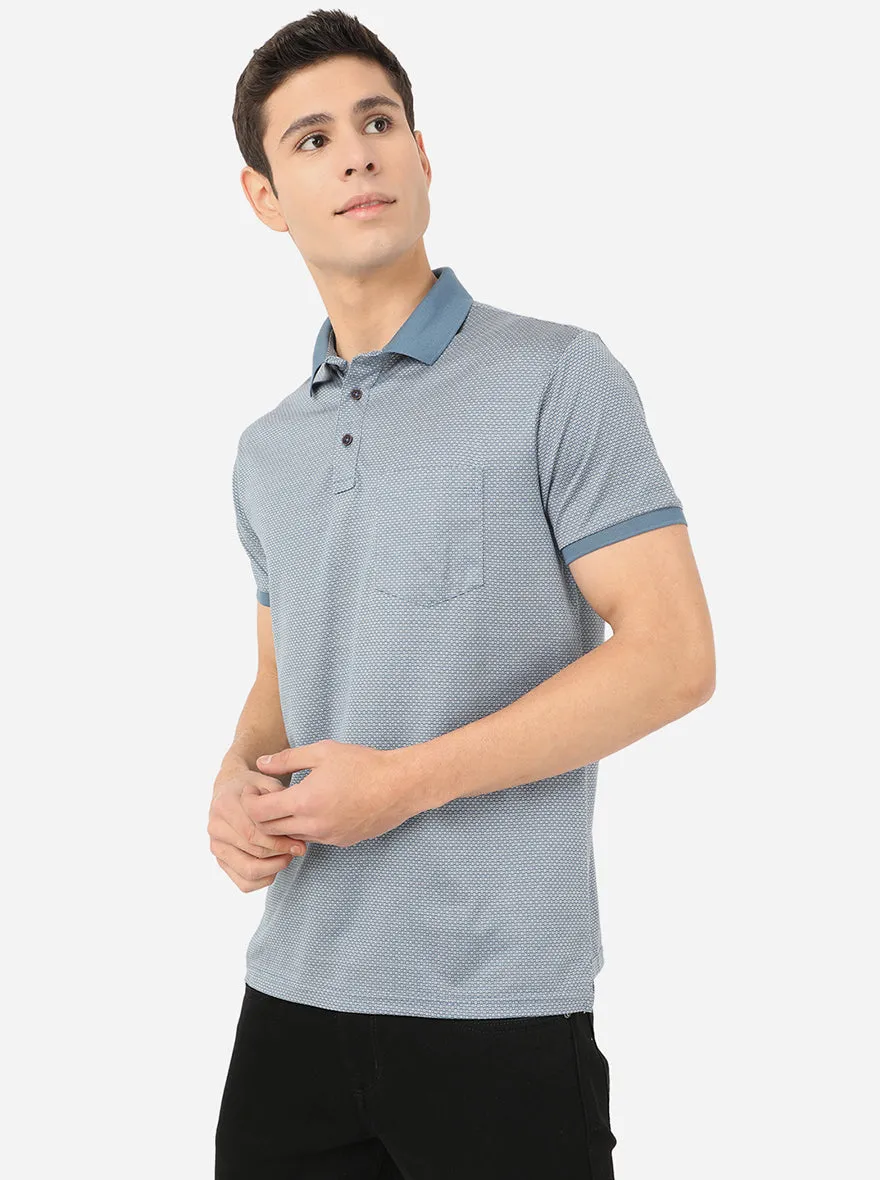 Parision Blue Printed Slim Fit Polo T-Shirt | JadeBlue