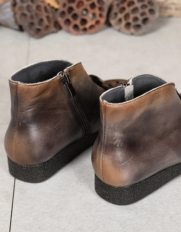 Polished Leather Retro flat Ankle Boots