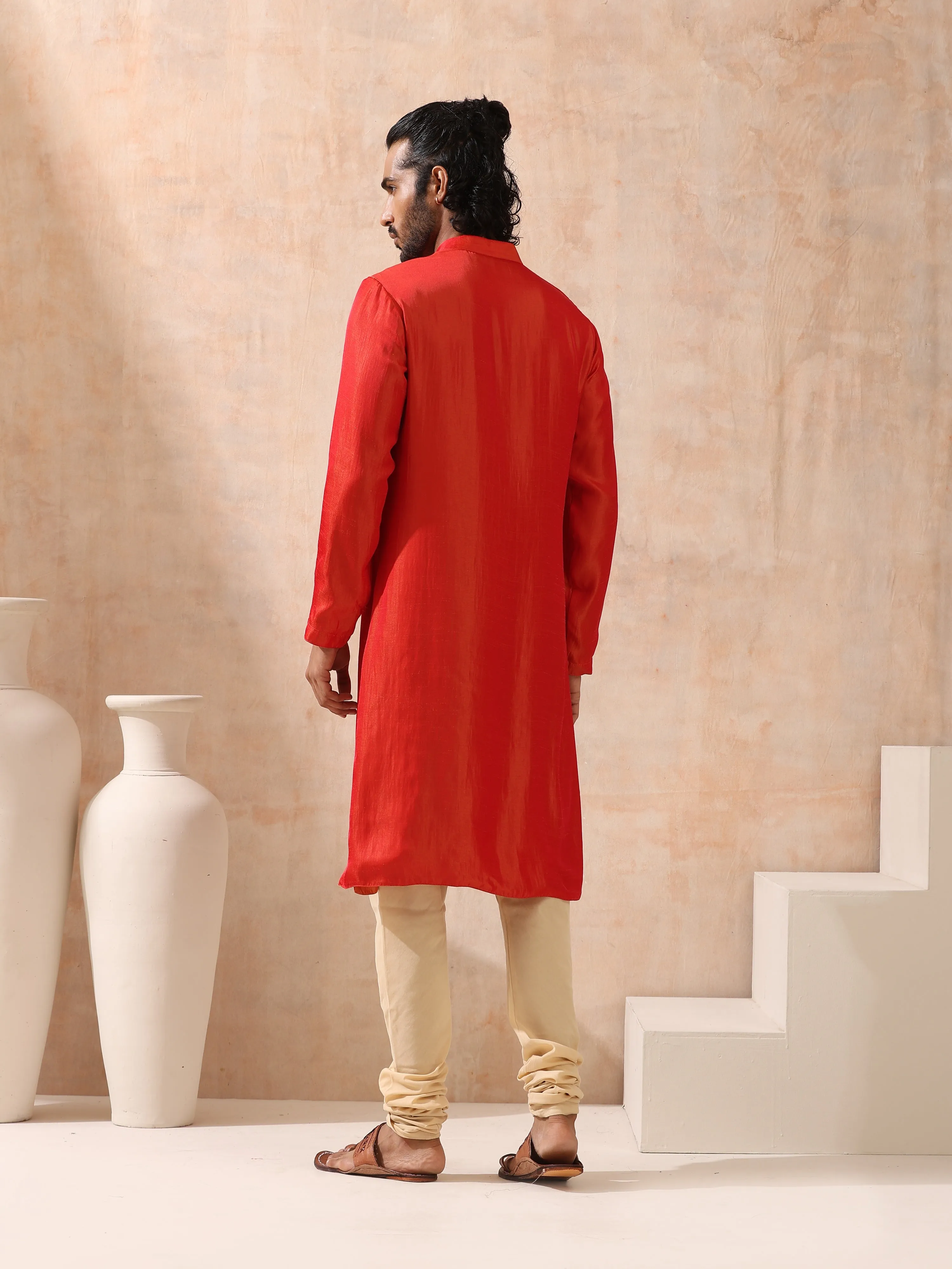 Reversible Orange and Red Satin Kurta