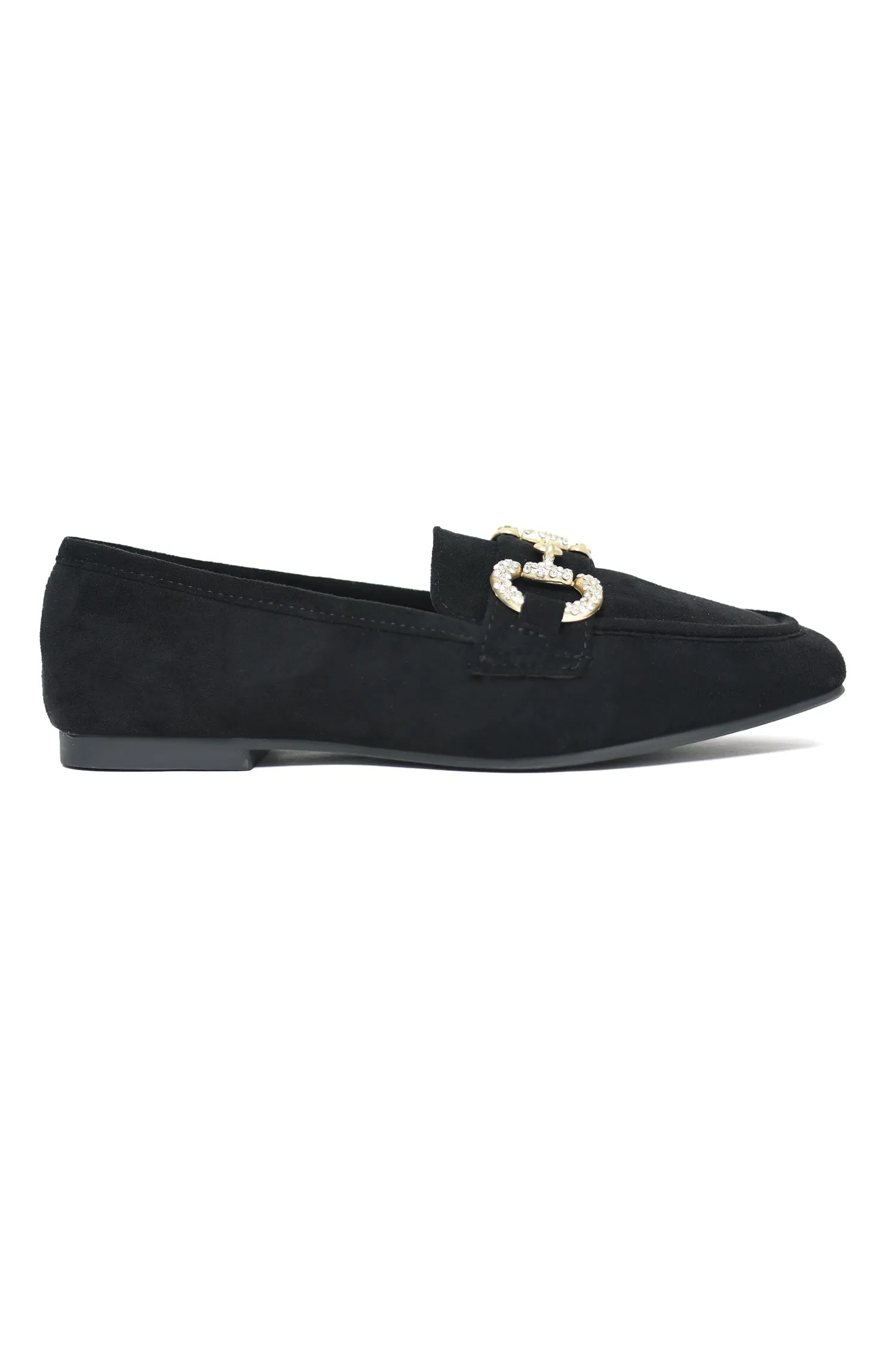 RHINESTONE BIT SUEDE LOAFERS-BLACK