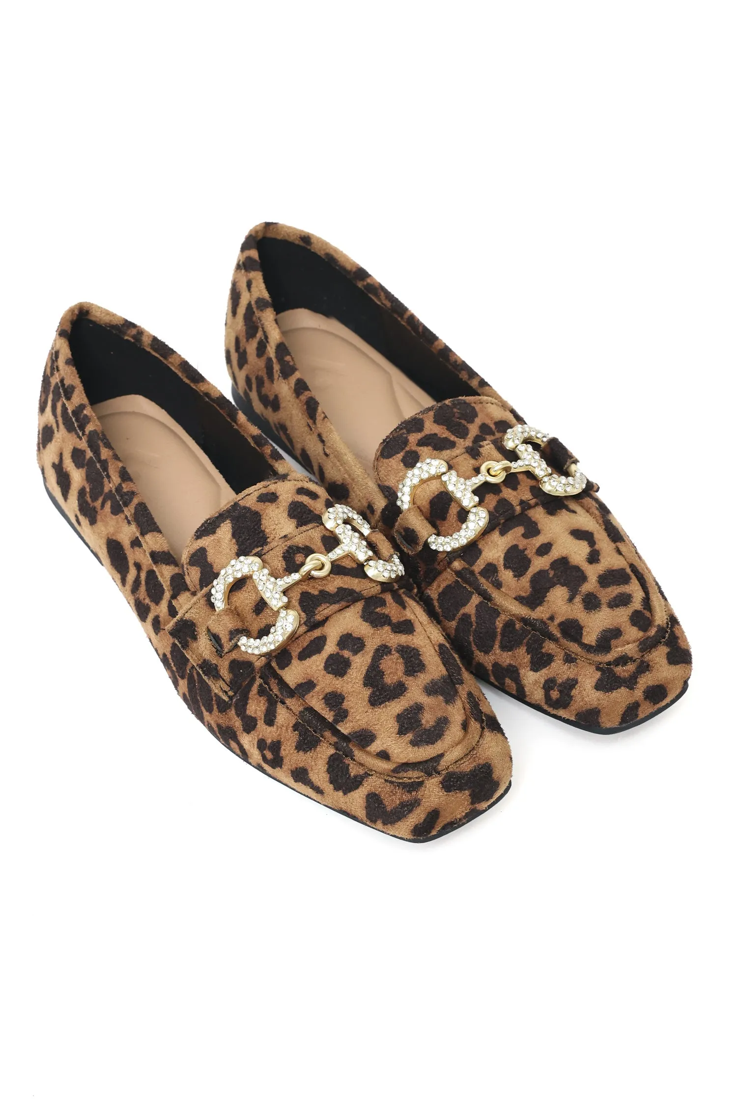 RHINESTONE BIT SUEDE LOAFERS-LEOPARD