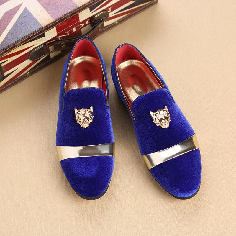 Royal Blue Velour Formal Shoes with Metal Lion Head Motif