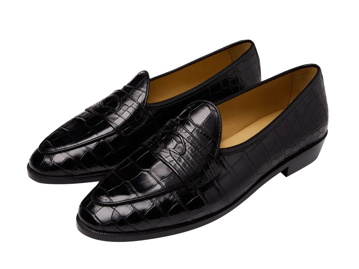 Sagan Ginkgo Precious Leather Loafers in Obsidian Black Crocodile