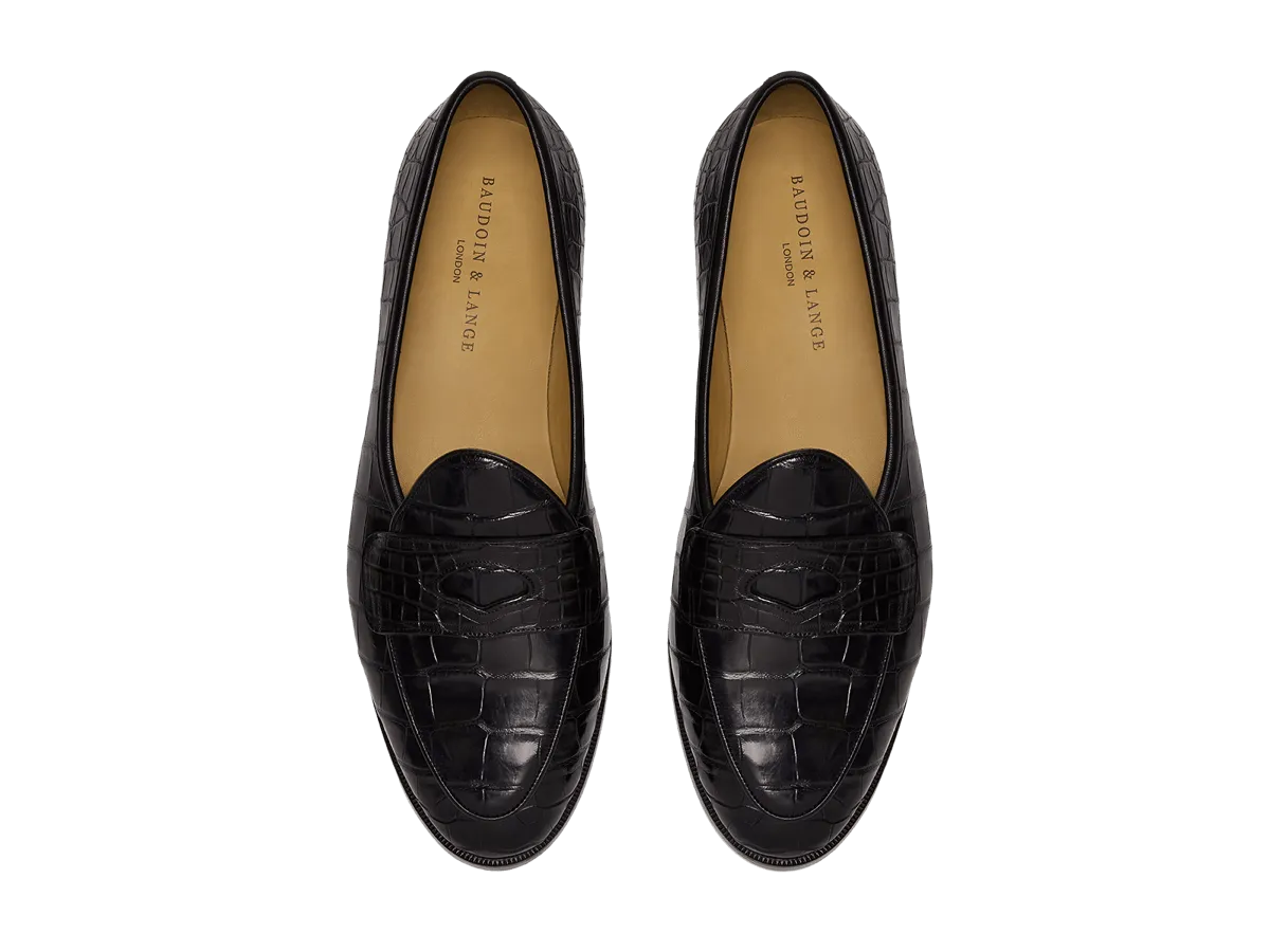 Sagan Ginkgo Precious Leather Loafers in Obsidian Black Crocodile