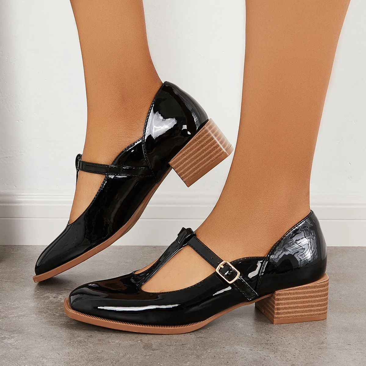 Sohiwoo woman formal Patent Leather T-Strap Mary Jane Pumps Block Heel Shoes