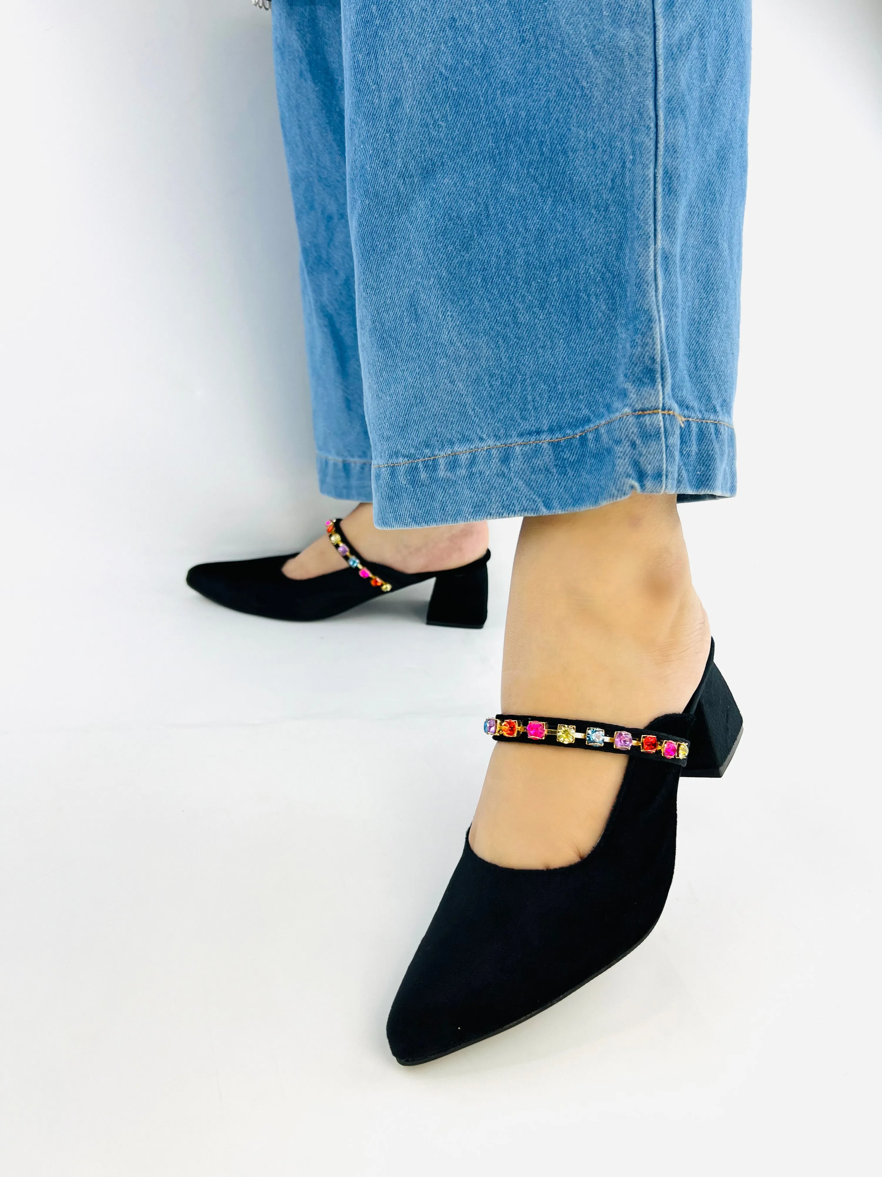 Spunkz Jewel Velvet Loafer Block Heel Shoes for Women