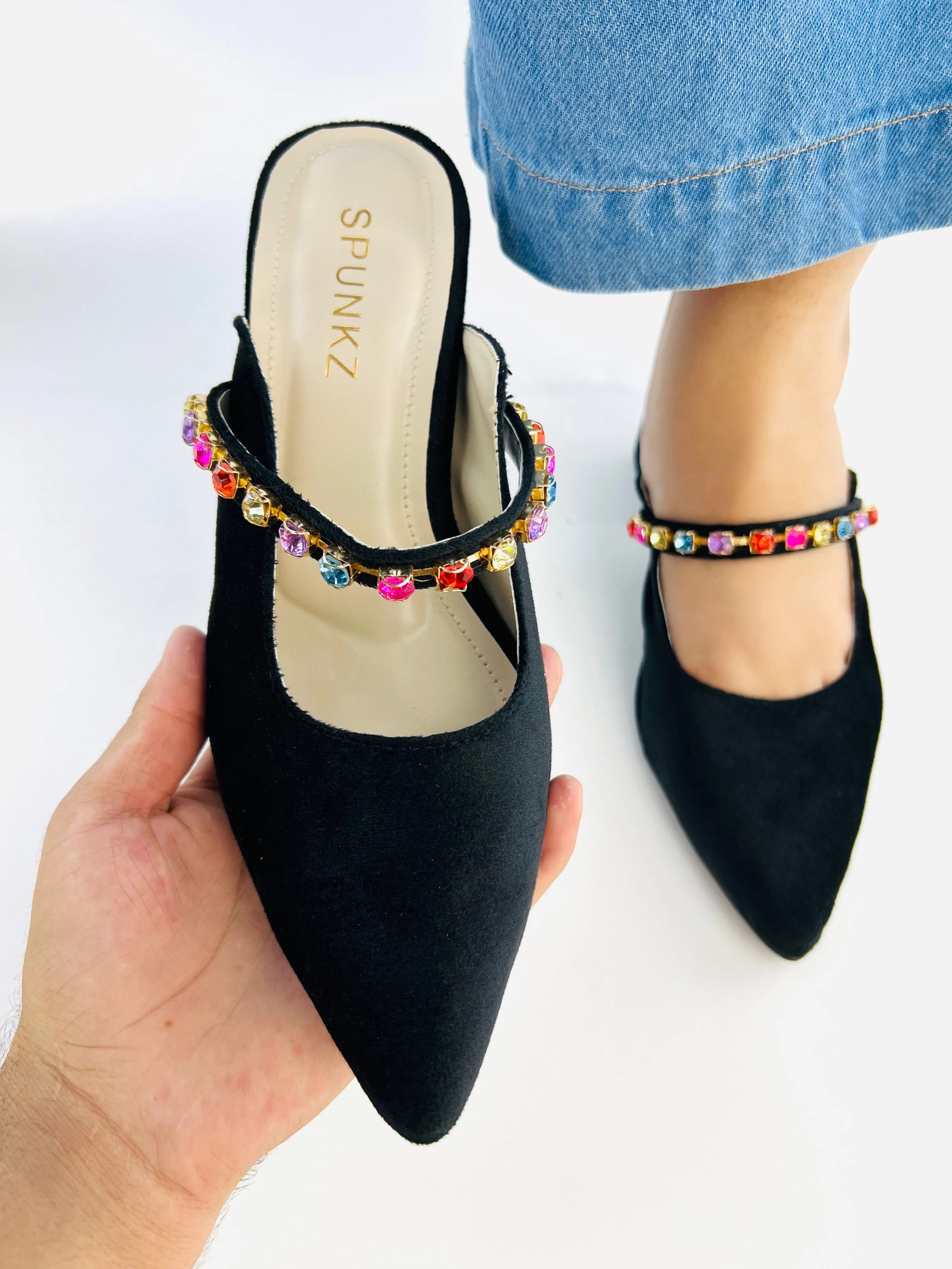 Spunkz Jewel Velvet Loafer Block Heel Shoes for Women