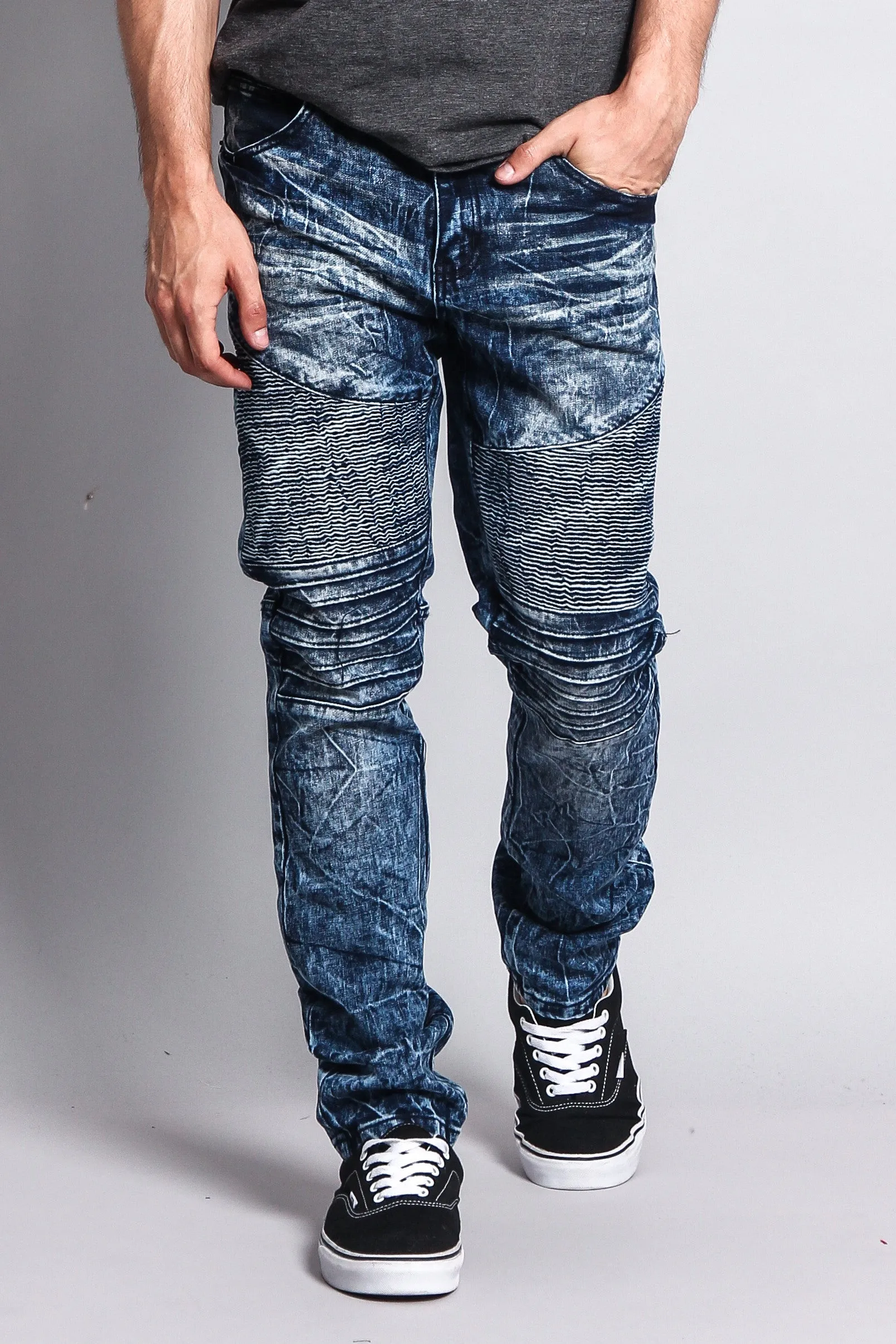 Stain Wash Biker Denim Jeans