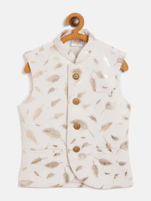 VASTRAMAY White And Gold Scuba Foil Print Nehru Jacket