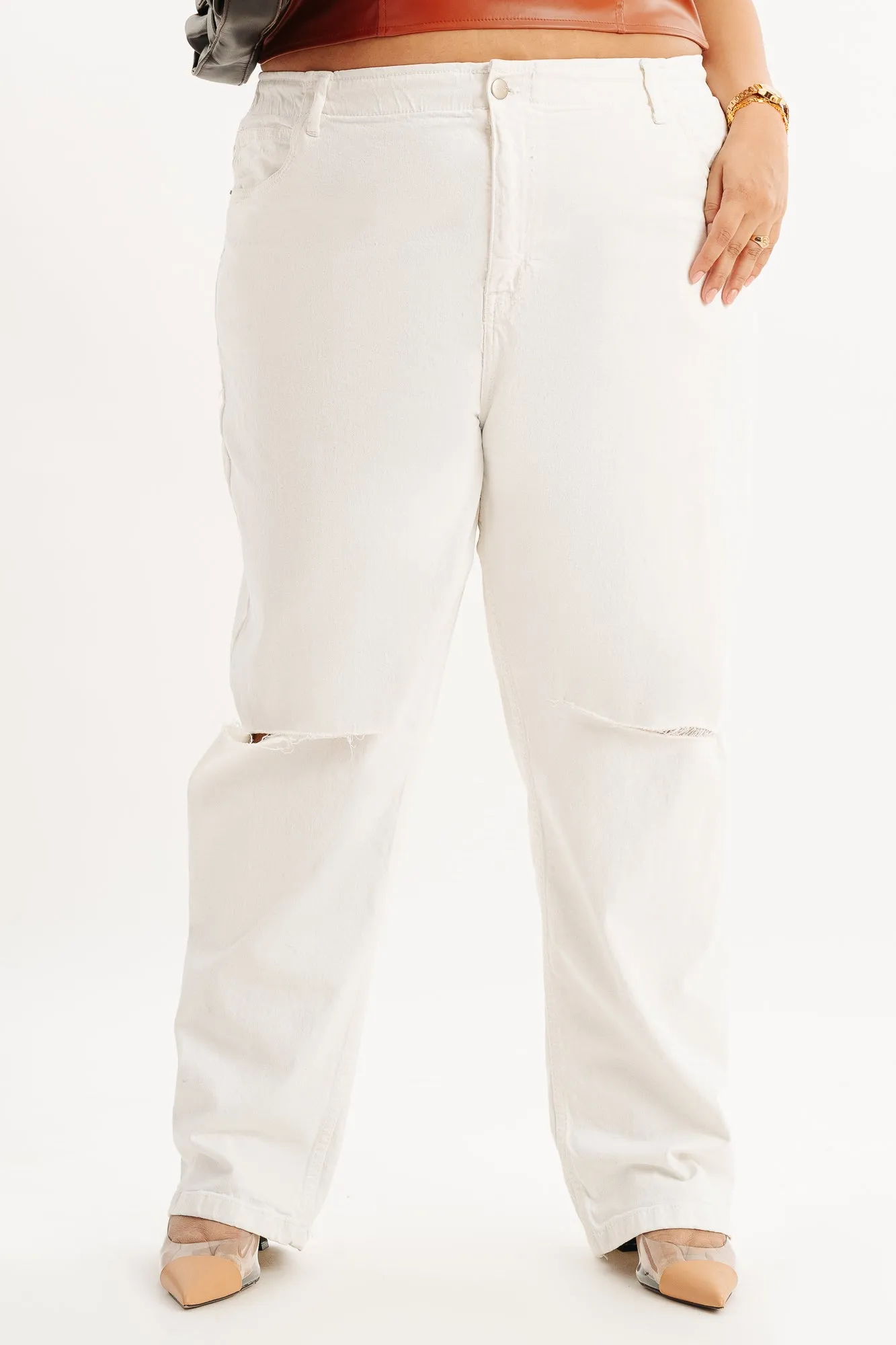 White Knee Slit Mom Jeans