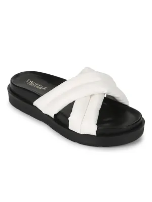 White PU Crisscross Quilted Slides