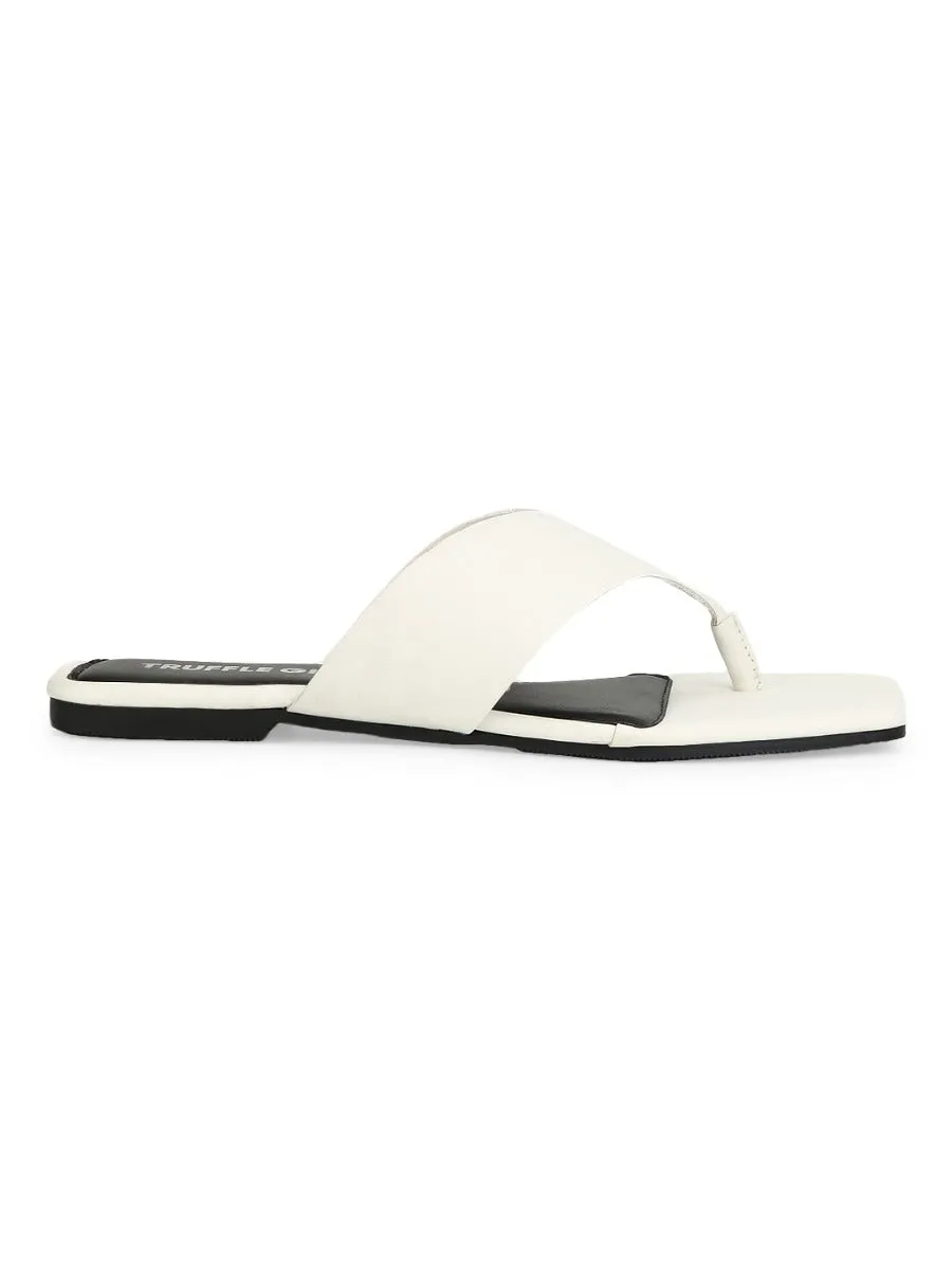 White PU Square Toe Flip Flop Slippers