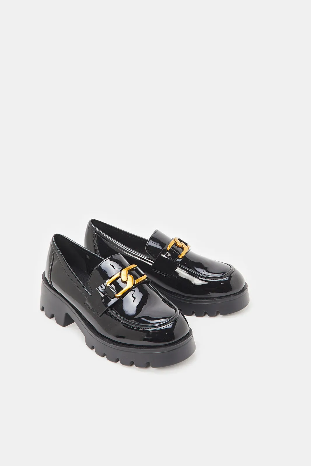 Women Black Patent Chunky Loafers